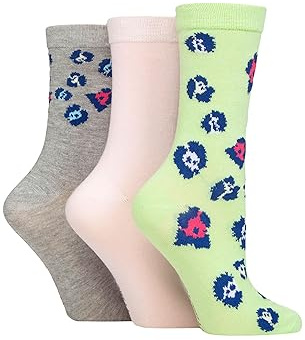 SockShop Wildfeet Ladies Bamboo Socks -Patterned Fun and Colourful Soft Breathable Socks Multipack of 3 Pairs (UK, Numeric, 4, 8, Regular, Regular, Animal Green/Pink/Grey)