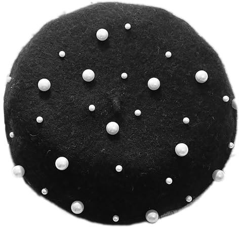 Eohak Damen-Baskenmütze, Perlenwolle, warme Baskenmütze, Perlen-Perlen-Strass-Mütze, lässiger, vielseitiger Hut (Schwarz)