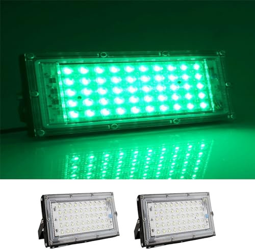 MODOAO Luces de inundación para exteriores, paquete de 2 luces LED verdes de 50 W 4800 lm, luz exterior IP66, impermeable, para patio, jardín, garaje, césped, cancha