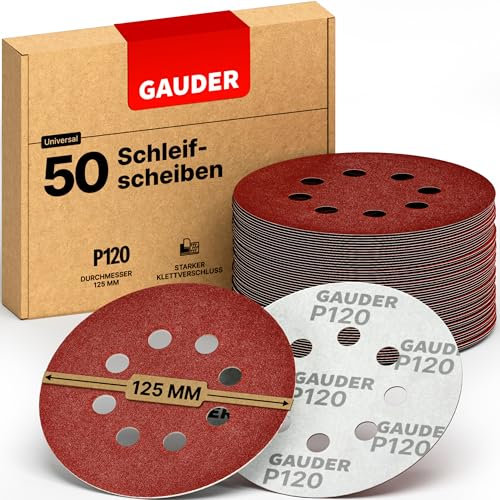 GAUDER Schleifscheiben für Exzenterschleifer Ø 125mm - Klett Schleifpapier 8 Loch - Schleifblätter rund für Holz, Metall und andere Materialien (P120 Körnung - 50 Stück)