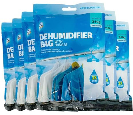 ZOPPER 6 x Wardrobe Hanging Dehumidifier 210gm Bags for Damp, Mildew, Mold Prevention - Moisture Absorber Ideal for Small Spaces, Bedroom, Garage, Kitchen, Office, Caravan, and Bathroom