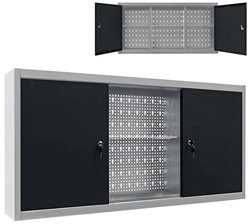 ARKEM Wand-Werkzeugschrank Industrie-Stil Metall Grau und Schwarz Werkstattschrank Hängeschrank Metallschrank Schrank Lochwand
