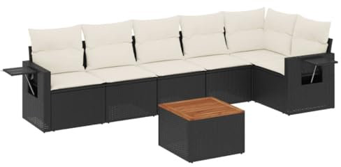 vidaXL Garten Sofagarnitur mit Kissen 7-TLG., Gartenmöbel Sitzgruppe, Sofagarnitur Gartensofa, Sofa Garnitur Lounge, Schwarz Poly Rattan