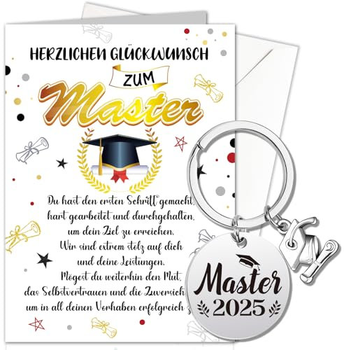 HOWAF Master Karte Glückwunschkarte zum Master 2025, Karte Abschluss Bestandene Prüfung mit Schlüsselanhänger für Geschenke zum Masterabschluss, Abschluss Geschenk