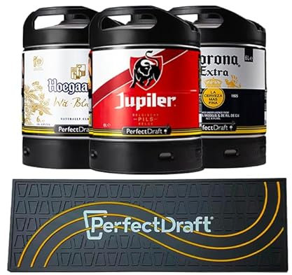 PerfectDraft Packung mit 3 Bierfässern, 6 l, kompatibel mit der 15 Euro Pfandzapfanlage (Corona – Jupiler – Hoegaarden + 1 Barmatte)