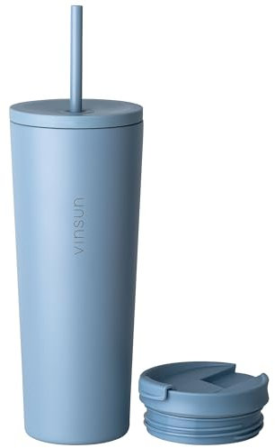 VINSUN Thermobecher mit Strohhalm 720ml - Edelstahl, auslaufsicher, doppelwandig isoliert - Heiß & Kaltgetränke - Kaffee Trinkbecher mit zwei Deckeln für Auto, Büro