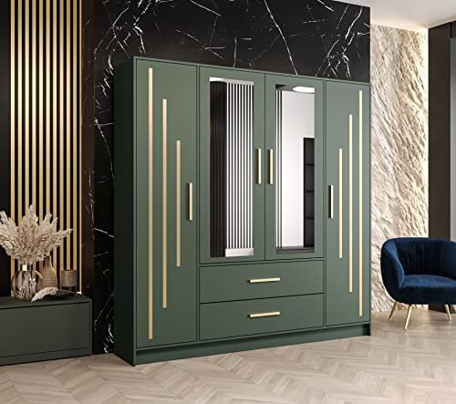 BERLINO 4 - Wardrobes With Drawers Shelves Rail Hinged Doors Mirror Green width 201 cm