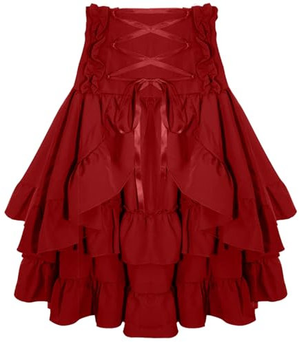 Maeau - Jupe Médiévale Vintage Femmes Gothique Style Cour Courte Victorien Multi-Couches Taille Haute Renaissance Halloween Carnaval - Rouge - XL