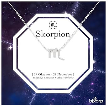 Bixorp Sternzeichen Skorpion Halskette - Sternzeichen-Kette aus Edelstahl in Silber – Zodiac-Halskette auf Geschenkkarte