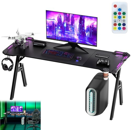 Suusolny 160 x 60cm Ergonomisches Gaming Tisch Schreibtisch Arbeitstisch Computertisch mit RGB LED & Kopfhörer Haken & Getränkehalter & Verstellbare Fußstützen A-förmige PC Tisch Computertisch