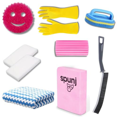 Ultimate Cleaning Bundle by Kevagh - Spunj, Damp Duster, Narrow Gap Brush, Gloves, Smiley Face Sponge, Microfibre Cloth, 2 Magic Sponges, Scrubber with Handle - Complete Cleaning Kit