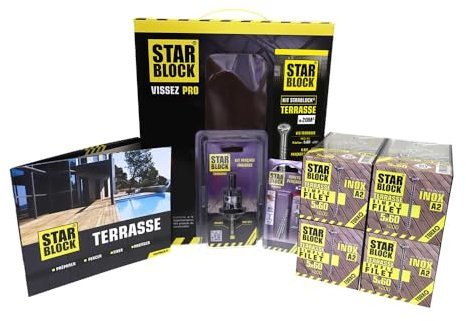STARBLOCK Kit de construction terrasse 20m² : 800 vis inox A2 5x60, gabarit de perçage, kit perçage-fraisage