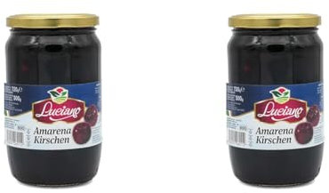 Luciano Amarena Kirschen 500g, entkernte Sauerkirschen im Glas, Maraschino Kirschen, Perfekt für Cocktails und Desserts (Packung mit 2)
