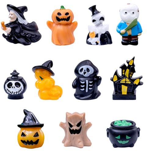 11 Stück Halloween Deko Miniatur Figuren - Harz Ornamente Klein Kürbis Geist Hexen Grabstein - Mini Figuren für Tisch Party Deko Horror Dorf Garten Bonsai Outdoor Puppenhaus