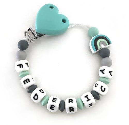 Catenella Portaciuccio con Nome, Catenina Porta Ciuccio Personalizzata Compatibile con ogni Succhietto (arcobaleno tiffany)