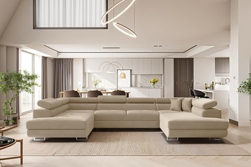 Kaiser Möbel - Ecksofa mit Schlaffunktion - Wohnlandschaft U Form - Big Sofa 345 x 202 cm - Relaxsofa mit 8 Verstellbaren Kopfstützen und 2 x Bettkasten - Eckcouch Groß, XXL - Falio U Hellbeige