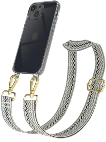 EAZY CASE Handykette - Verstellbares Taschenband kompatibel mit iPhone 13 Mini, Schulterriemen, Handykordel mit Silikon Hülle, Umhängetasche, Beige Blau Gold