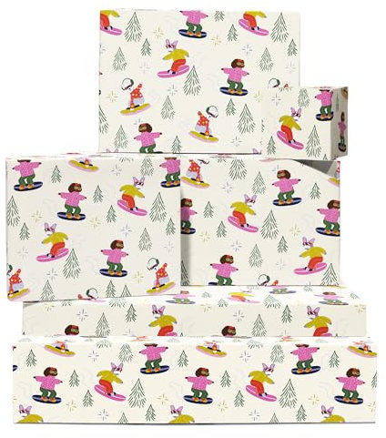 Weißes Weihnachtspapier – Snowboard-Tiere, Hunde – 6 Bögen für Kinder, Jungen, Mädchen, Männer, Frauen – Für Geburtstag, Erntedankfest, Jahrestag, Babyparty – Mit Etikette