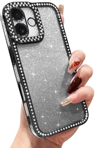 L-FADNUT for iPhone 16 Case Glitter Card Diamond for Girls, Black | Luxury Rhinestone with Removable Glitter Sparkly Card Phone Case for Women, Camera Protection Slim Shockproof Bumper Cover