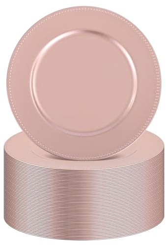FXKS 50 Stück roségoldene Platzteller, runde Platzteller, 33 cm, Großpackung für Hochzeit, Abendessen, elegante wiederverwendbare Kunststoff-Ladegeräte, Teller, Hochzeit, Urlaub, Party, Babyparty