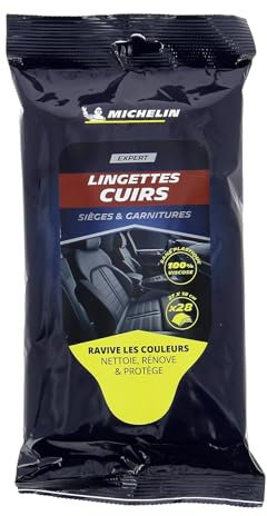 MICHELIN 008893 28 Lingettes Nettoyantes Cuirs Voiture, Nettoie, Nourrit et Protège Les Sièges et Garnitures en Cuir, 100% Viscose