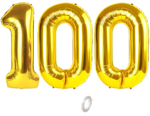 Balorise 40 Pouces Aluminium Ballon Géant Or Chiffre 100, Gonflable Hélium, Grand Numéro 0-9, 10-100 (101cm), Décoration de Doré Foil Ballons pour Fête d'anniversaire et Mariage