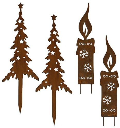PIujsym 4er Set Weihnachtsdeko Outdoor Rostige Gartenstecker, Weihnachtsbaum und Kerze Metallstecker für Herbstdeko Outdoor, Weihnachtsdeko Aussen für Garten Balkon Grabschmuck