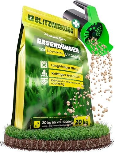Natureflix Rasendünger Frühjahr & Sommer inkl. Handstreuer | Tierfreundlicher Langzeitdünger für jeden Rasendünger frühling | (Staubarme Körnung 2-5mm) | Frühlingsdünger (20kg für 1000m²)