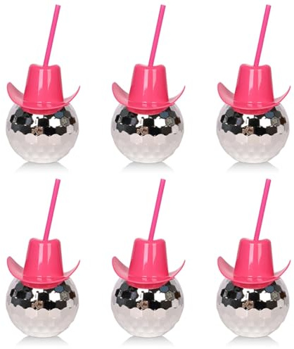 MEKLITRZ Lot De 6 Verres À Cocktail Boule Disco Avec Chapeaux De Cowboy Pailletés Et Pailles Réutilisables - 580 Ml - Verres Rétro Années 70 for Clubs, Fêtes Et Réceptions À Domicile