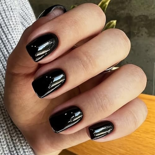 Ceboic 24 Pièces Noir Faux Ongles Autocollants, Français Press on Nails Carrés Courts, Brillantes Acrylique Couverture Complète Ongles à Coller, Naturel Réutilisables Capsule Ongles pour Femmes Filles