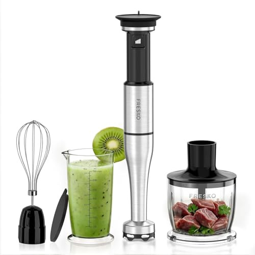 FRESKO 1000W Stainless Steel Handheld Blender 4-in-1 Set, Adjustable Speed | Stepless pressure trigger with PA66 Pot Guard, Includes Whisk, 500ml Chopper, Lid Beaker, Ergonomic & Dishwasher-safe