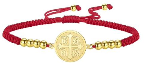 EUEAVAN Orthodoxes Kreuzarmband IC XC NIKA Jesus Christus Medaillon Handgefertigtes Glücksarmband mit rotem Band Griechisches byzantinisches Kreuzamulett Östlicher katholisches Schmuck