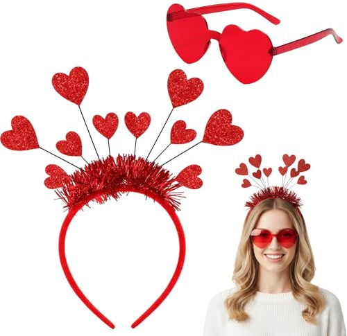 JqruiTbeis 2 Stück Herzbrille Rot und Herz Haarreif Set, Amor Kostüm Damen Accessoires, Fasching Haarreifen Herzen, Karneval Brille Rote,Liebe Partybrille,Für Valentinstag Hochzeit
