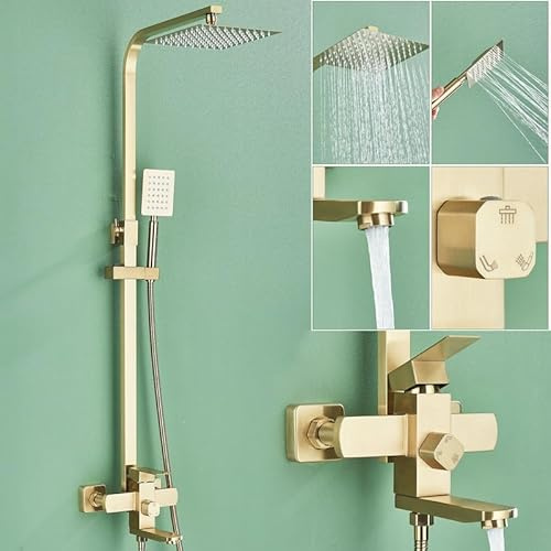 Suguword Duschsystem & Duscharmaturen-Komplettset: Stab-/Kopfbrause (Regendusche m/ohne Armatur), Duschstange, Handbrause, Grobventil – Wandmontage, geb. Gold Edelstahl, 2F, Regendusche