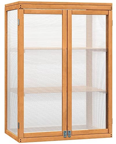 Outsunny 3-tier Cold Frame with Openable Top Cover and Double Doors, Garden Wooden Greenhouse with Storage Shelf, Polycarbonate Grow House for Plants, Flowers, Natural