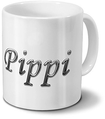 printplanet Tasse mit Namen Pippi - Motiv Chrom-Schriftzug - Namenstasse, Kaffeebecher, Mug, Becher, Kaffeetasse - Farbe Weiß