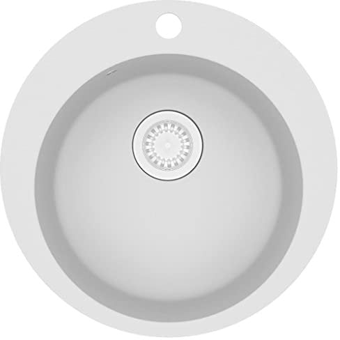 vidaXL Fregadero de Cocina de Granito con un Seno Redondo Lavabo Cocina Fontanería Piezas de Fontanería y Bricolaje Pileta Escurreplatos Platos Blanco