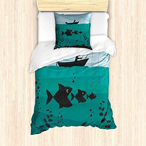 ABAKUHAUS Teal Bettbezug Set für Einzelbetten, Angeln auf Bootswasser, Milbensicher Allergiker geeignet mit Kissenbezug, blau Teal