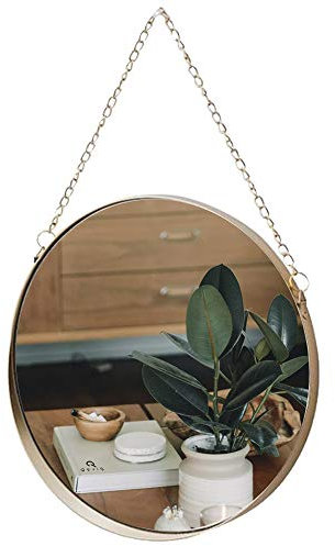 QUVIO Runder Spiegel - Mit hängender Kette - Hängender Spiegel - Wandspiegel - Gold