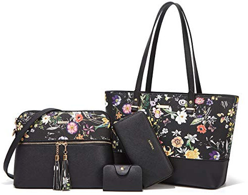 YTL Damen Handtasche Tote Shopper Groß Schultertasche Umhängetasche Geldbörse Kartenhalter Tasche 4-teiliges Set für Büro Schule Einkauf Reise Geschenk SchwarzFL