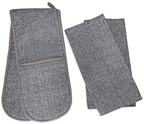 Divine Home Double Oven Glove and Tea Towel Set - 100% Cotton with Thick Heat-Resistant Lining for Protection from Hot Pots, Pans and Dishes. Soft, Stylish & Durable (3 Piece Set, Grey).