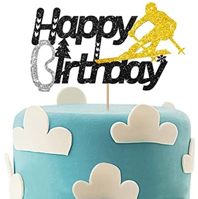 Ski Happy Birthday Cake Topper, Sport Game Theme Cake Decor, Ski Birthday Party Decoration, Boy Bday Party Supplies - Gold & Black Glitter