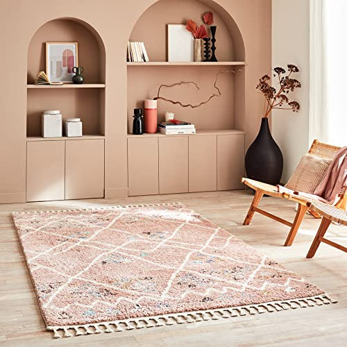 Nazar Tapis Salon, Tapis Berbere a Franges, Tapis Shaggy, Tapis Berbere Multicolore, Motifs Losanges géométriques, Lavable, Moelleux, Poils Longs (80x150 cm, 3110 Rose)