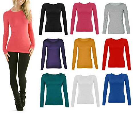 New Womens Long Sleeve Round Neck Plain Basic Ladies Stretch T-Shirt Top 8-14 (M/L (UK Size 12-14), RED BODYTOP)