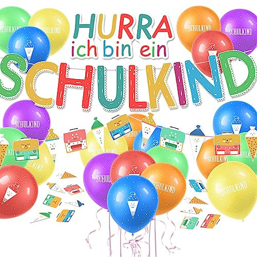 Einschulung Deko Set für Junge Mädchen, Schulkind Girlande + Schultüte und Schulranzen Banner + Schuleinführung Schulanfang Luftballon + Zuckertüten Konfetti