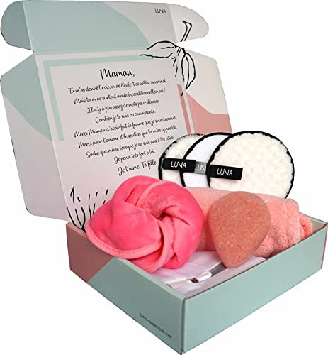 Coffret Beauté Femme Démaquillage Réutilisable, Set 7 Produits Spa Visage Écologique, Cadeau Maman Fête des Mères Anniversaire avec Message Personnalisé