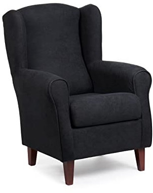 Sillonea - Sillón Orejero Roma, butaca pequeña para salón. Sillón de Lectura Individual, Ideal para Ver la TV/Leer. Medida: 100x74x77cm. Tapizado con Tela Antimanchas. (Negro, Nogal)