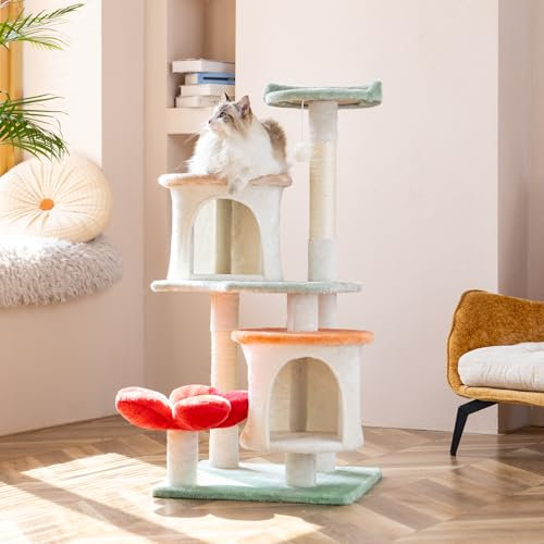 HYABi Arbre à chat à fleurs de 108,5 cm - Tour d'appartement en peluche - Espace de vie - Chatons - Plateforme de divertissement à plusieurs niveaux avec griffoirs - Balle pour animaux de compagnie
