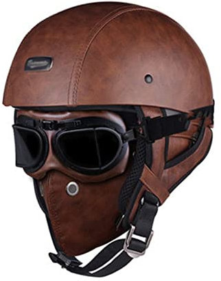 Pelle Casco Demi Aperto Da Moto Con Maschera Di Cuoio, Casco Scooter Da Moto Con Retrò Occhiali, Caschi Da Moto ECE DOT Omologato, Sicurezza Per Adulti Casco Scodella ( Color : A , Size : M=(57-58cm)