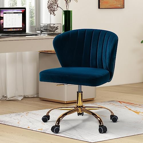 FABRICATION HAUS Swivel Office Vanity Chair Desk Chairs Velvet Comfy Upholstered Makeup Computer Chairs with Adjustable Height & Padded Cushion for Home Office, NAVY